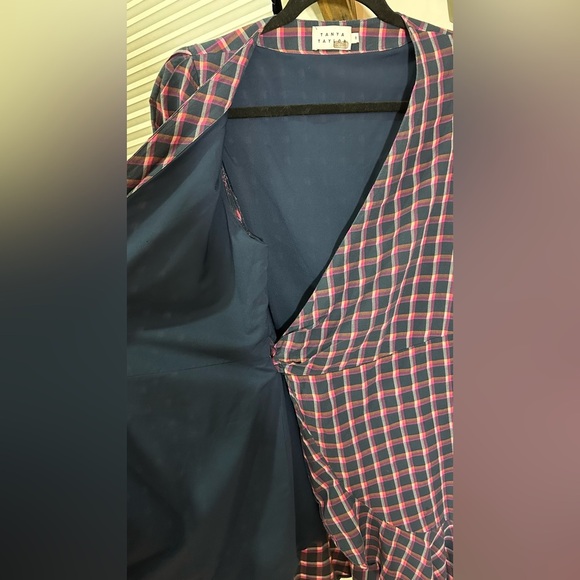 Tanya Taylor Lexi Wrap Dress in Pink Navy Plaid Long Sleeve 8 - Picture 14 of 16